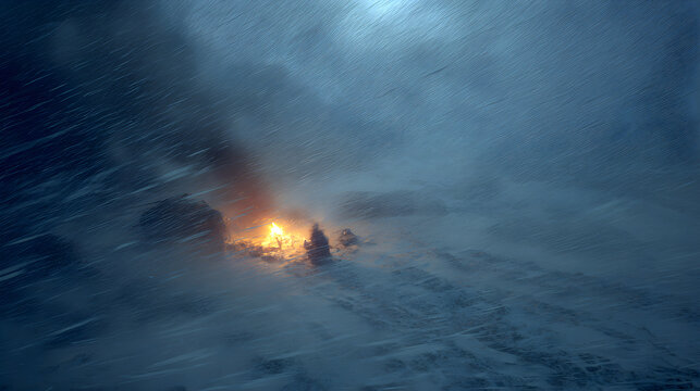 Glowing Campfire Against a Fierce Snowstorm: A High-Drama Struggle in Harsh Elements - Powered by Adobe