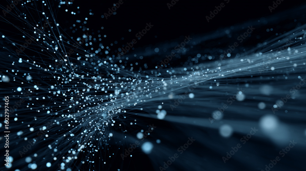 Poster abstract image of blue particles and lines flowing in dark space, suggesting connection, network, or