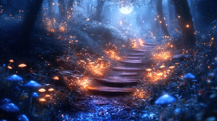 Enchanted Forest Path with Glowing Mushrooms and Moonlight