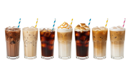 Photo of a row of assorted iced coffee drinks with straws isolated on transparent background