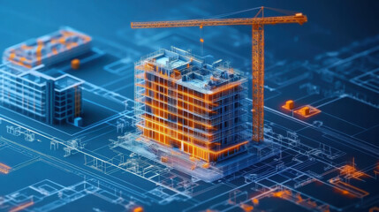 construction building information modeling bim concept with 3d model and blueprints vector illustration