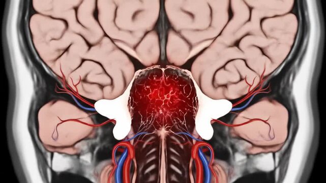 Dynamic 3D medical animation showcases the human brain's intricate anatomy, highlighting a central red area, illustrating neurological conditions and pain.