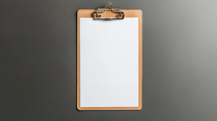 A beige leather clipboard holding a white sheet of paper, viewed from a top. 3d illustration.