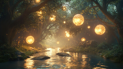 Enchanted Forest Stream with Glowing Orbs at Night