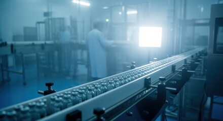Fototapeta premium Glass ampoules containing liquid medicine are moving along a conveyor belt in a pharmaceutical factory, ensuring efficient and sterile production