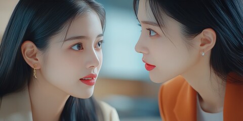 Two young women engaged in a serious discussion. They are both wearing makeup and jewelry, suggesting a formal or important occasion.