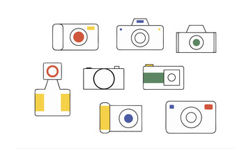 Collection of hand drawn vintage and modern camera illustrations with colorful accents on a white background