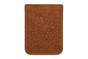 Sophisticated brown leather phone case with intricate floral pattern, resting against transparent backdrop