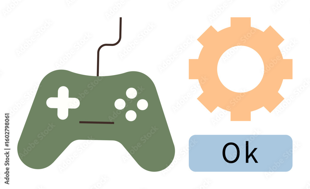 Poster green game controller with gear icon symbolizing settings and blue ok button for confirmation. ideal