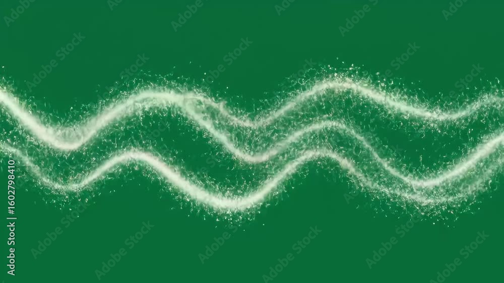 Poster abstract wave patterns created with white particles on a green background, evoking movement and flow