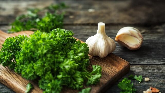 Fresh parsley and garlic on cutting board setup. Ideal for cooking shows and culinary ingredient showcase content.