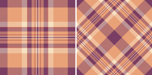Elegant autumnal plaid patterns in warm peach and deep purple hues.  Perfect for textile design, fashion, home decor, or seasonal branding.