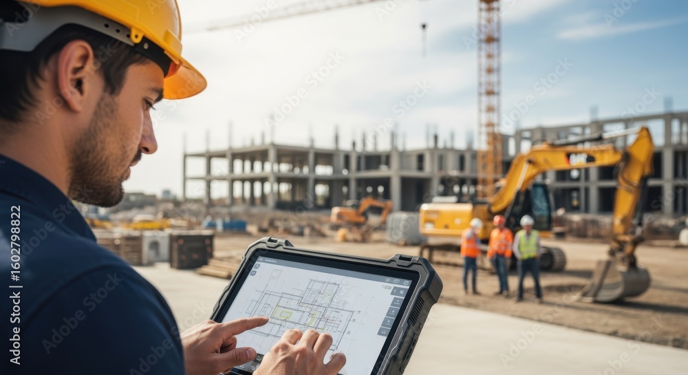 Poster construction engineer wearing a protective helmet, using a rugged tablet to check blueprints on site