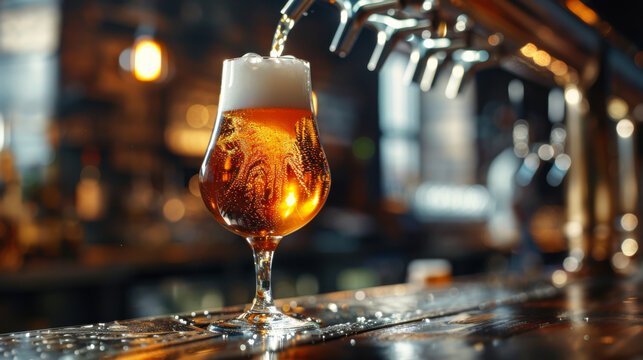 glamour shot, medium shot, beer pouring into a clear glass on bar background