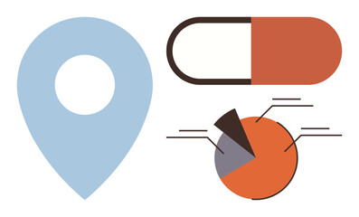 Location marker, pill capsule, and labeled pie chart combining healthcare, location, and data analysis. Ideal for health tracking, research, geolocation, statistics medicine strategy data