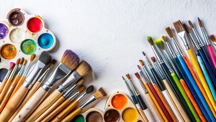 Fototapeta premium An isolated set of artistic watercolor brushes, paints, and a palette for creative studio work