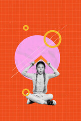 Vertical 3d poster design art pop collage of shocked schoolgirl preteen kid hold book literature subject preparation homework