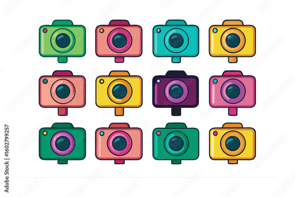 Aufkleber a colorful collection of twelve retro style digital cameras arranged in a grid of four rows and thre
