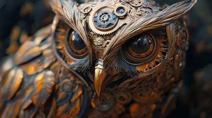 Steampunk mechanical owl with intricate gears, brass textures, detailed feathers.