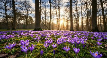 Obraz premium Beautiful flowering meadow with a wild purple crocus or saffron flowers in sunlight against an oak forest background, amazing sunny landscape, early spring in Europe. Wallpaper 
