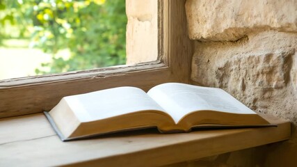 Open book on windowsill with natural light streaming. Perfect for educational content and literary publication marketing.