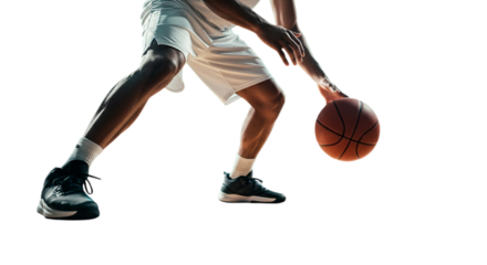 Photo of basketball player dribbling the ball in action isolated on transparent background