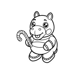 A cartoon hippo character stands smiling, holding a candy cane in its right hand, outlined in black and white.