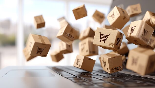 Online shopping explosion. Cardboard boxes with shopping cart icons emerge from a laptop keyboard, symbolizing the Black Friday sales frenzy and the rise of e-commerce.