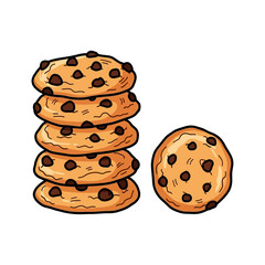 Cartoon-Style Vector Illustration of Chocolate Chip Cookie Stack with Single Cookie Beside It on White Background