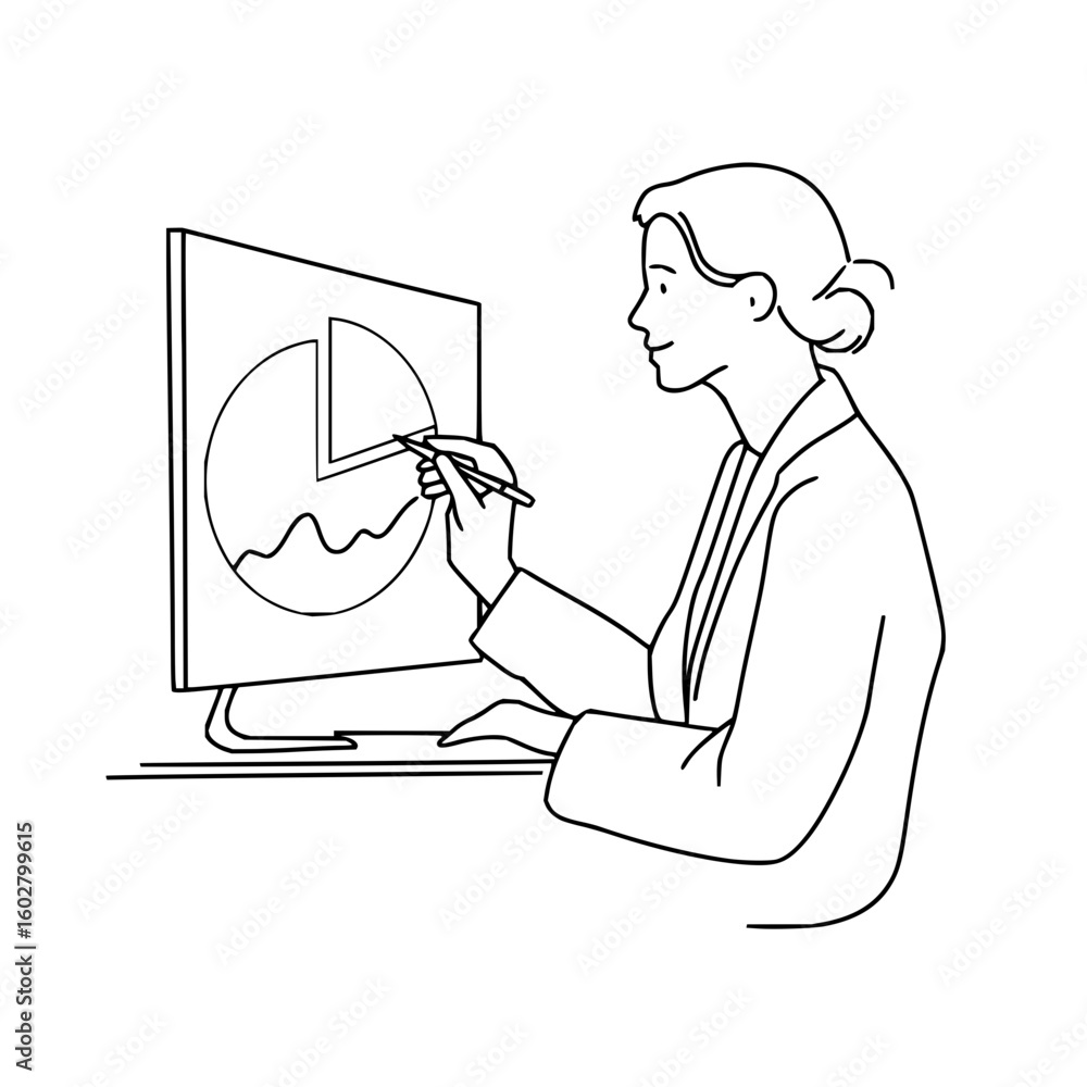 Poster woman analyzing a pie chart and line graph on a computer screen with a pen in her hand in a line dra