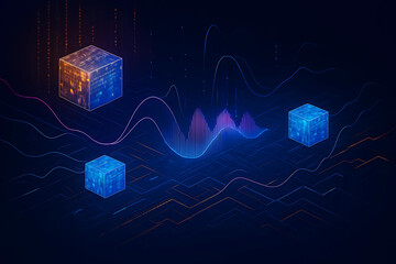 Futuristic Digital Cubes with Glowing Waveforms and AI Data Grid