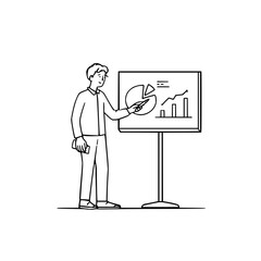 Man presenting data on a board with pie chart and bar graph in a line art style illustration design drawing