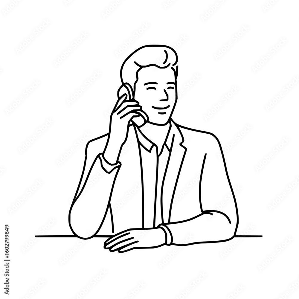 Poster line drawing of a man in a suit talking on a cell phone while leaning on a table with a smile on his