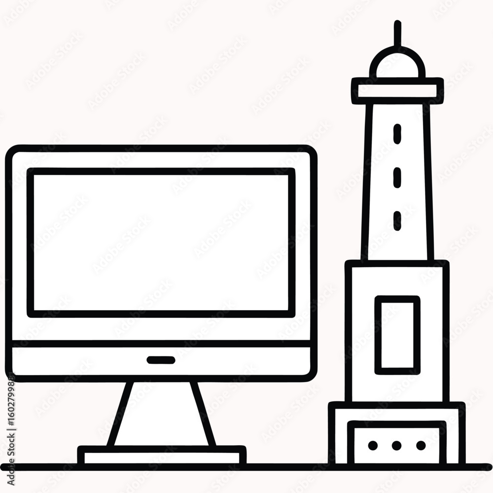Fototapete digital navigation and landmark guidance a computer monitor beside a stylized lighthouse icon repres
