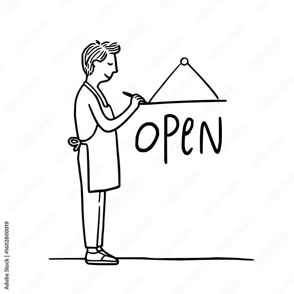 Poster person in apron writing open on a hanging sign with a marker in a simple black and white line drawin