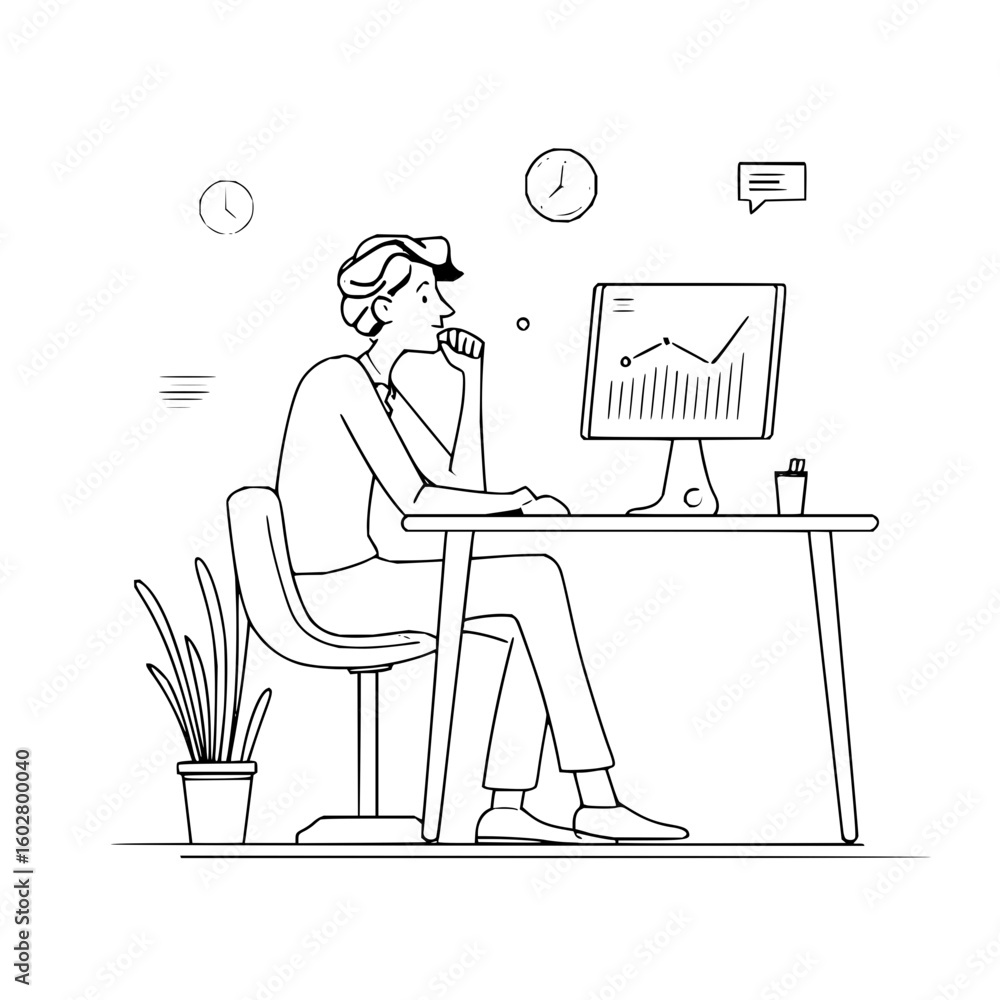 Poster man sitting at desk looking at computer screen with graph and clocks on wall in line art style