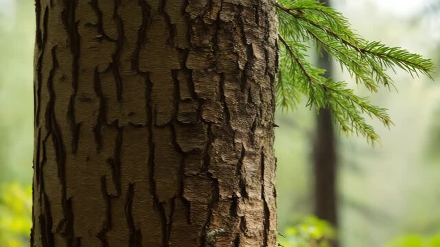 Tree bark texture with green pine branch detail. Ideal for environmental campaigns and natural skincare product branding.