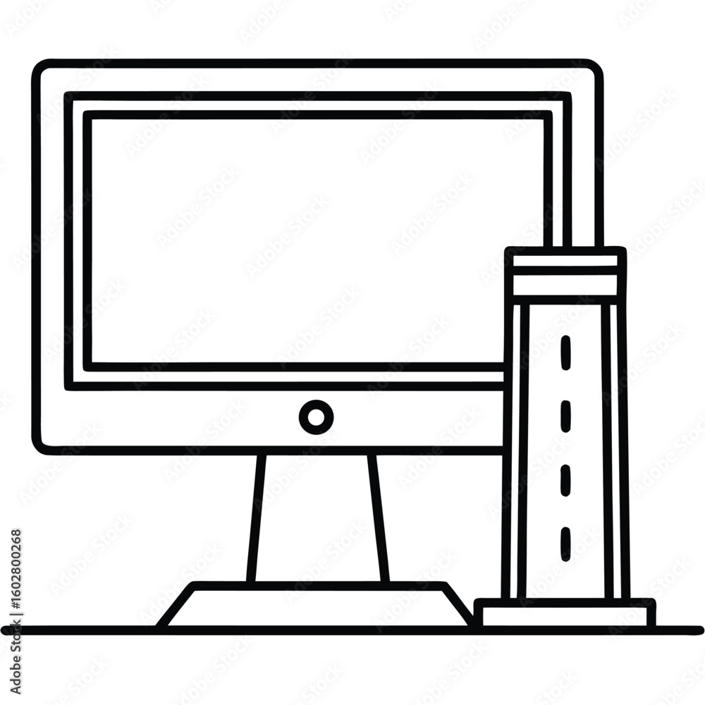 Poster simple line art illustration of a computer monitor and a vertical router or modem device on a flat s