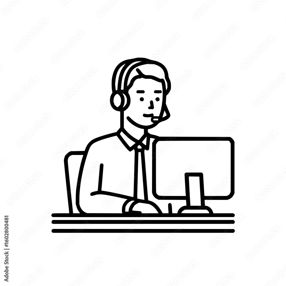 Aufkleber illustration of a call center operator with a headset working at a computer on a desk in black and w