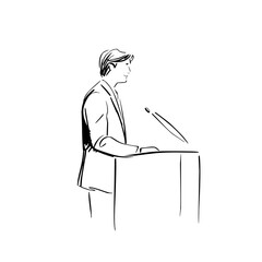 Man in suit giving speech at podium with microphone in black and white sketch style illustration design