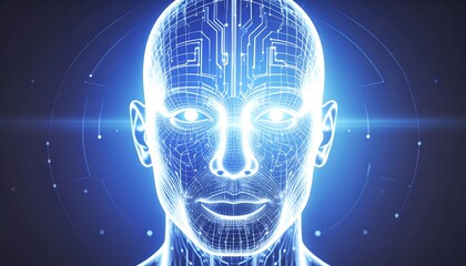 Digital human head, glowing circuits