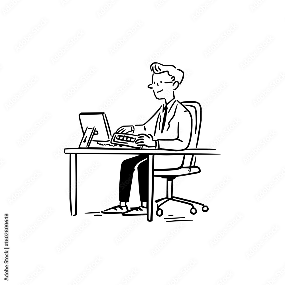 Fototapete Illustration of a man in a suit sitting at a desk typing on a keyboard with a computer in front of him