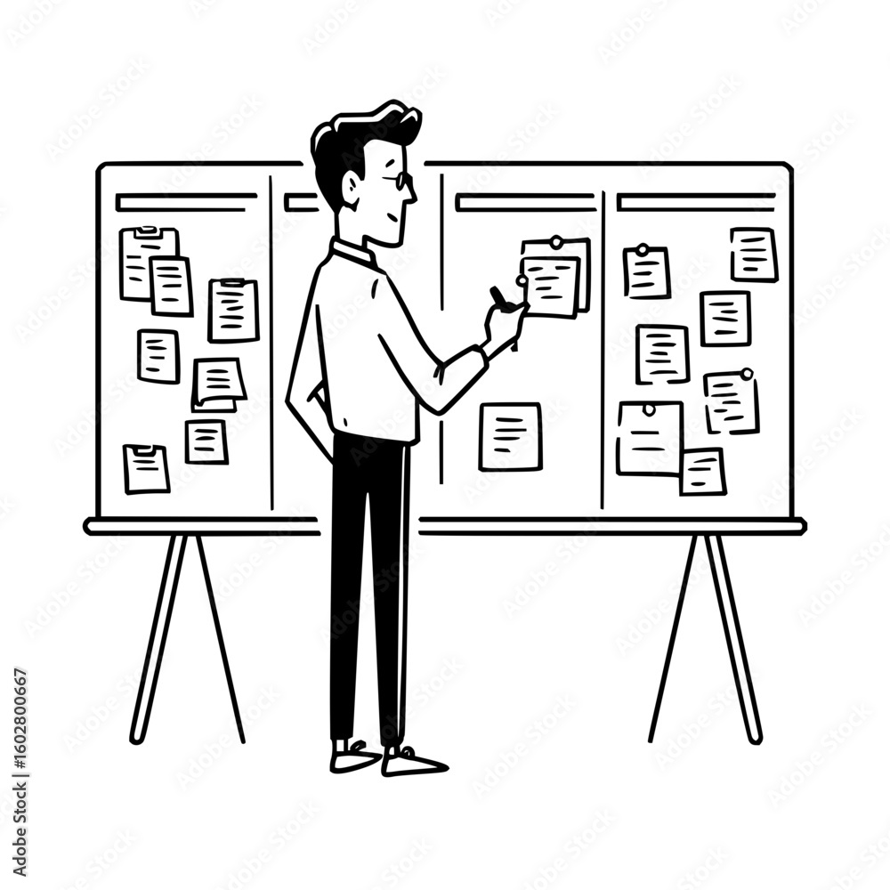 Poster man in shirt and pants standing in front of a whiteboard with notes and writing on it with a marker 