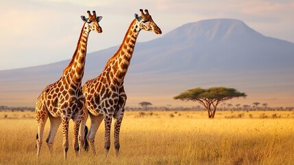 Giraffes gracefully feeding on acacia trees against a vast savannah backdrop, warm light, peaceful
