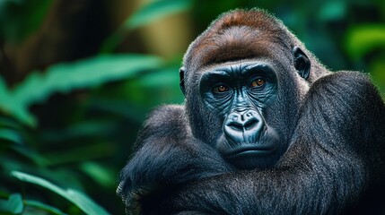 Obraz premium Gorilla sitting peacefully among dense rainforest vegetation, thoughtful expression, deep green