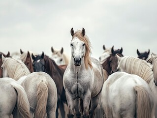 Obraz premium Majestic Stallion Standing Proudly Among White Horses in Field
