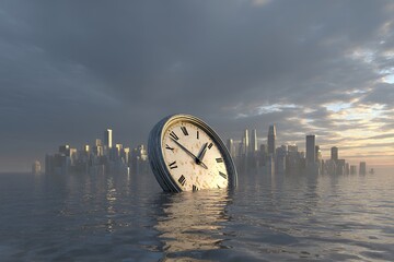 Giant clock sinking in water near modern city skyline at sunset