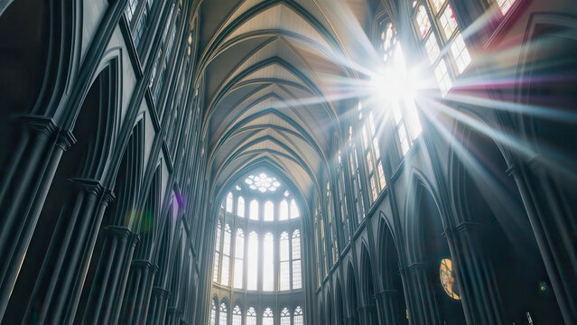 Gothic cathedral interior with elegant details and light pouring through the arches. An architectural masterpiece of historical significance. The theme of religion, art and history.