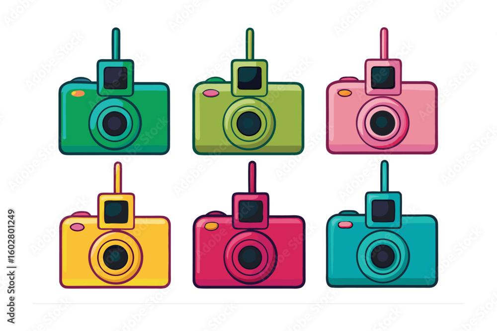 Poster a vibrant collection of six retro style digital cameras in various bright and cheerful colors arrang