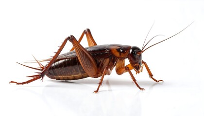 Side view of a brown cricket on a white background